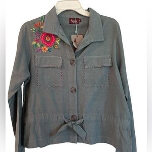 New Avani Grey Fall Utility Jacket with Floral embellished Embroidery in small